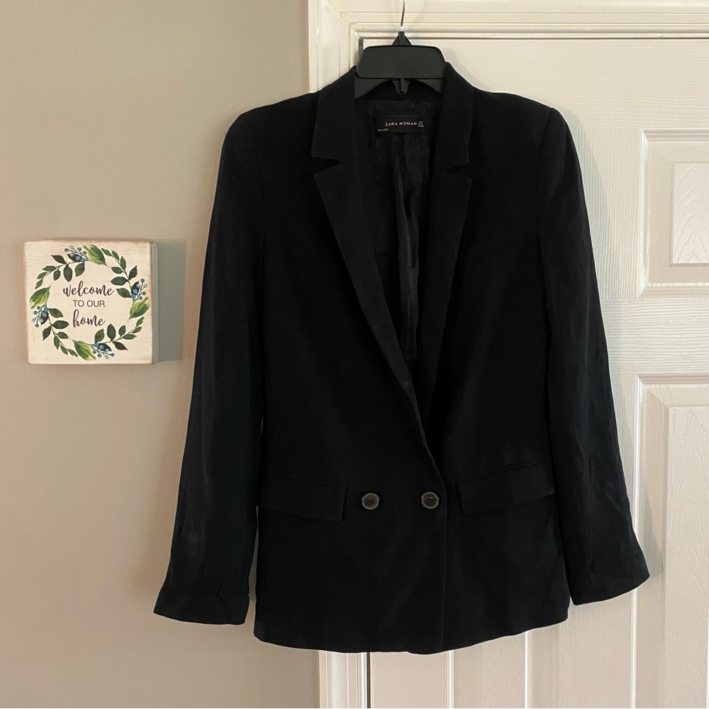 Zara Woman Button Front Black Blazer Small With Shoulder Pads Built In Business